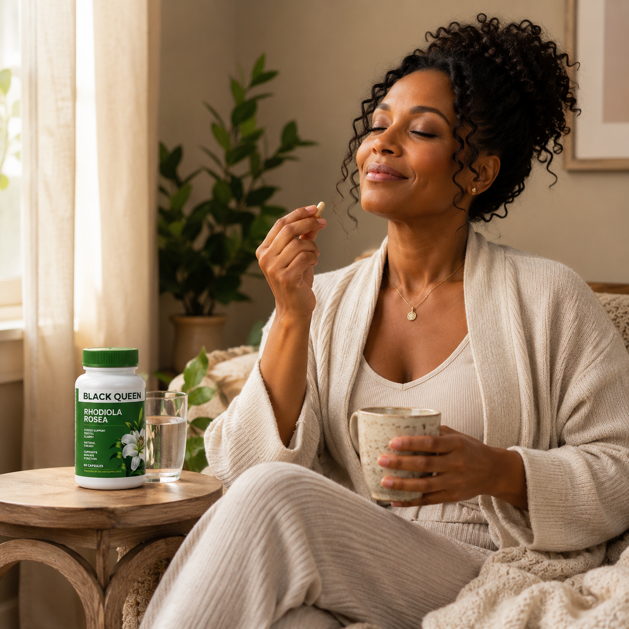 Woman peacefully taking her Black Queen Rhodiola Rosea supplement at home