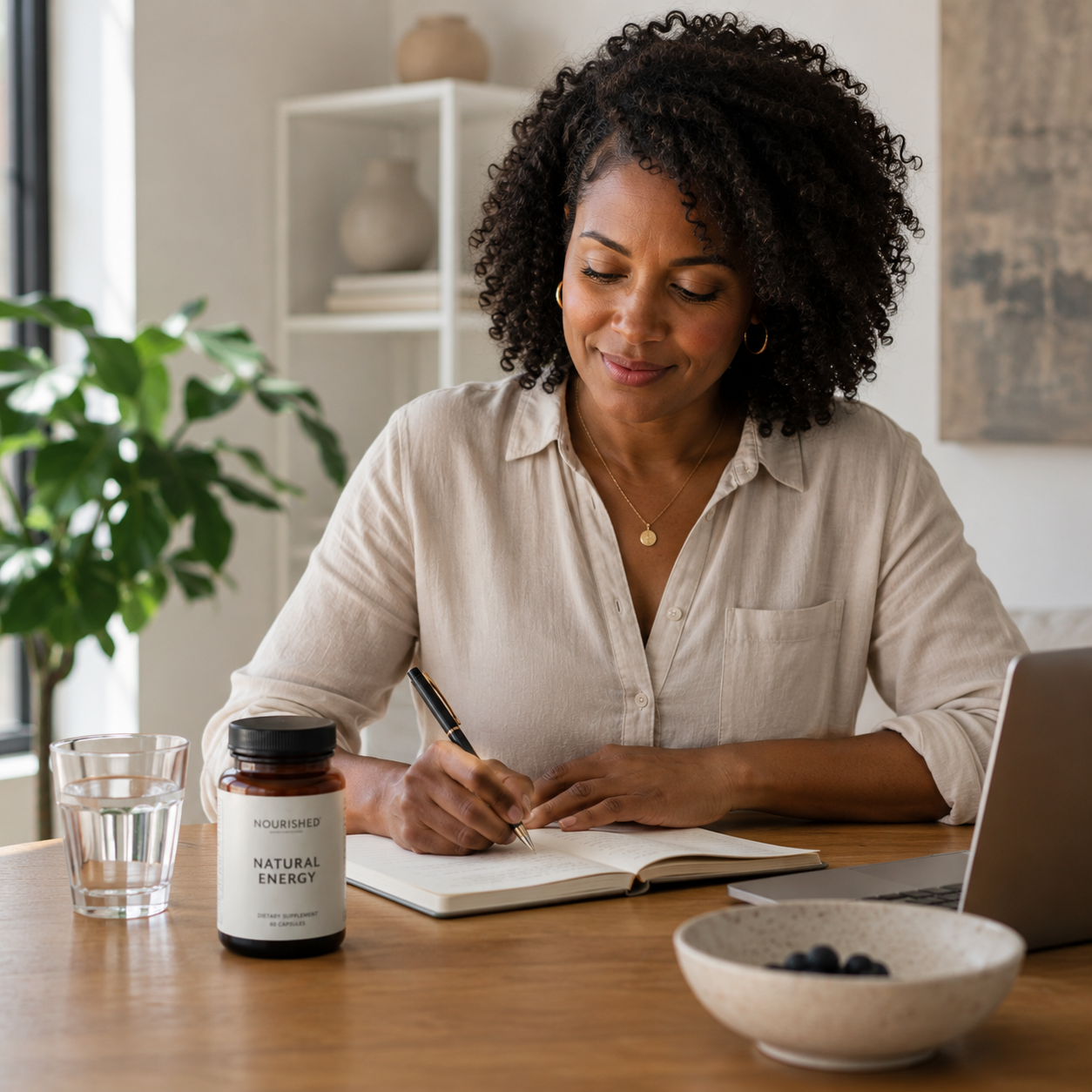 Woman focused and productive at her desk with her Black Queen supplement nearby