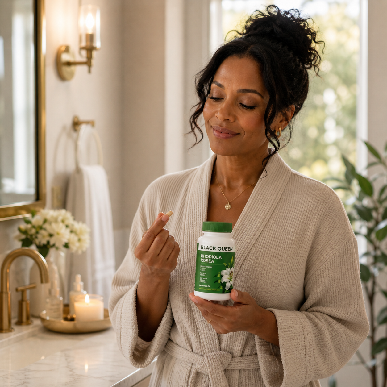 Woman in her morning self-care routine holding Black Queen Rhodiola Rosea