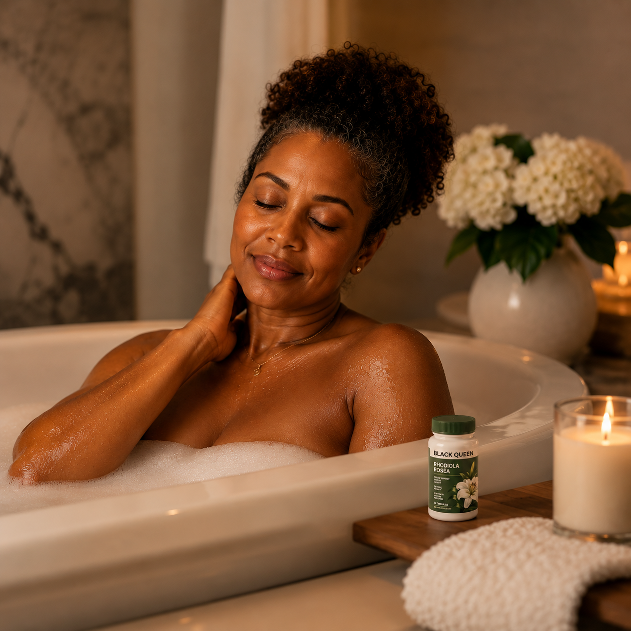 Woman relaxing in a luxurious bath, at peace with herself