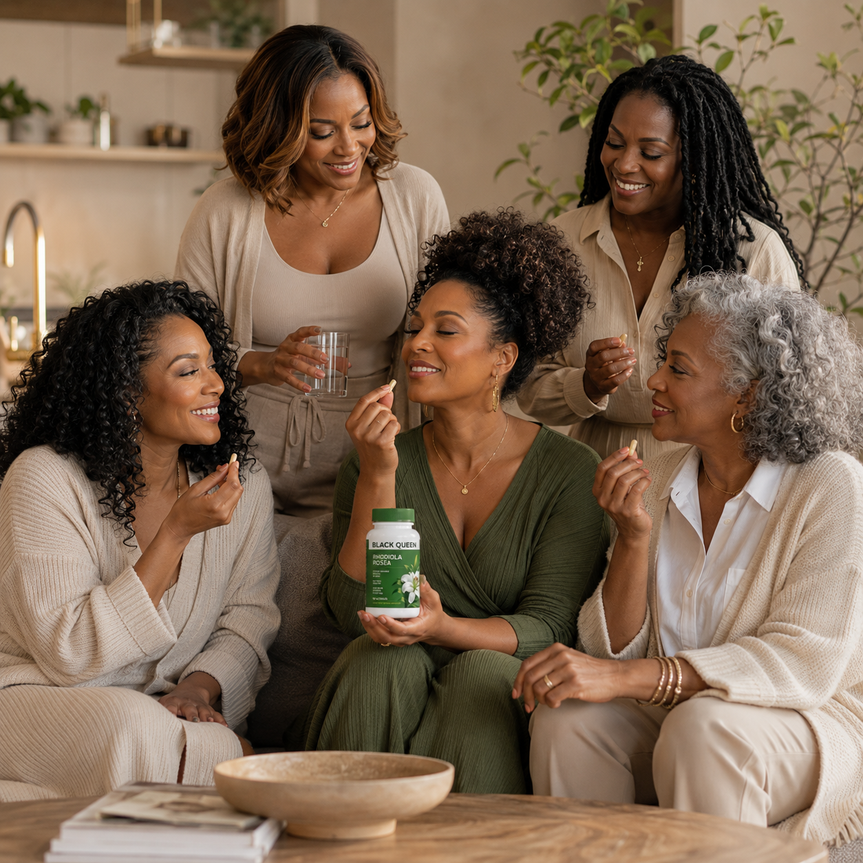 Group of Black women sharing and enjoying Black Queen Rhodiola Rosea together